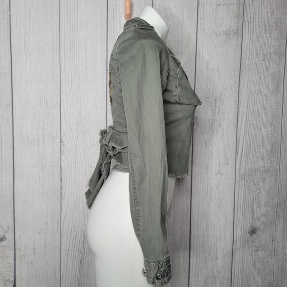 Haute Monde Raw Hem Dragon Embroidered Green Fringe Denim Jacket Womens Small - Picture 3 of 10